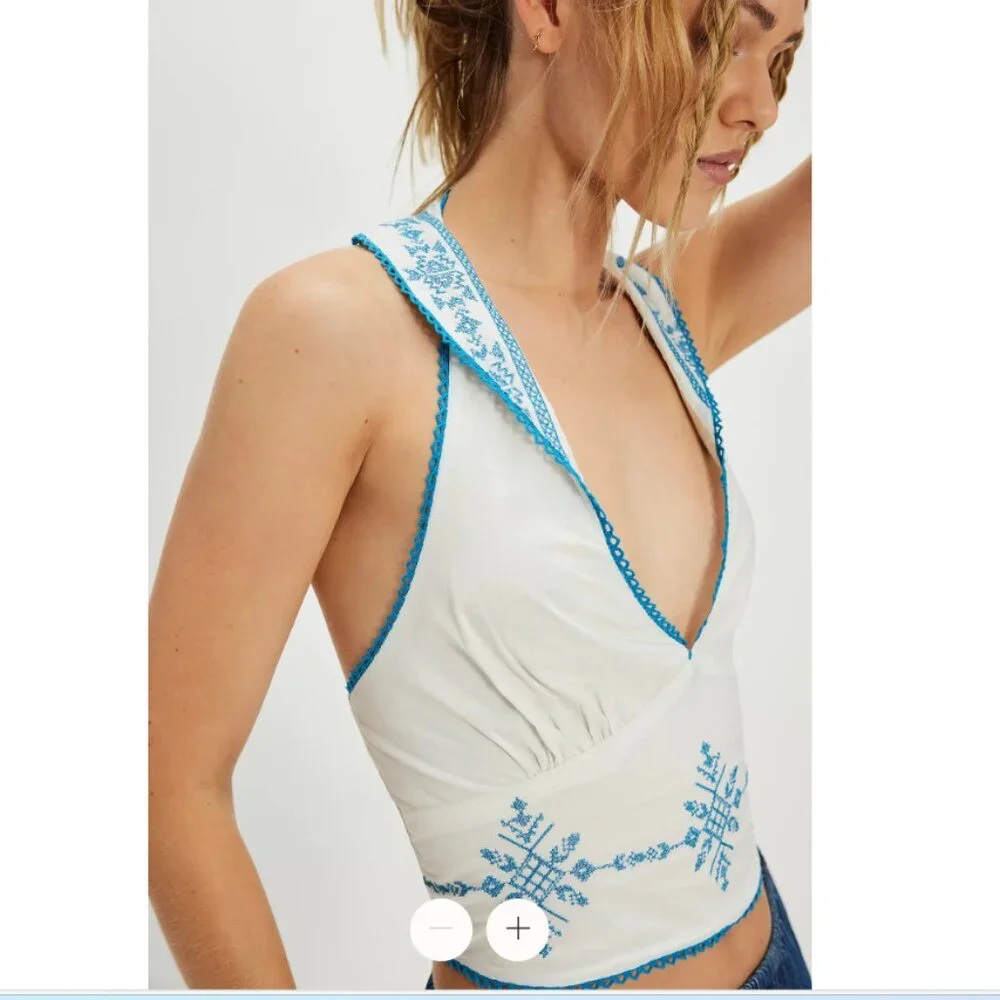 Free People Hello Lover Embroidery Halter White & Blue Cotton Top Size L -‎ NEW